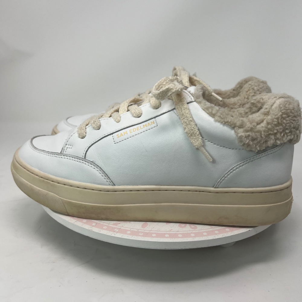 SAM EDELMAN Wess Sneaker Women 10 White Leather Faux Shearling Platform Low Top - Picture 4 of 13